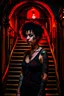 Placeholder: scarred cyberpunk vampire girl with tribal tattoos short curly dark cyberpunk hair descending the staircase in decaying dark mansion on fire