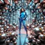 Placeholder: make a picture pretty stage made of metallic cyan-gray teme 3d fractal recursive cubic and sphere base structures and a beautiful fashion model lady posing with cute,with blue teme Chic style pants with a tight shirt and jacket,high heels ,makeup curvy long hair,dynamic camera zoom to full body and pan, dynamic lights.