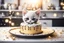 Placeholder: birthday cake, black and white chibi kitten in a beautiful kitchen, heart and love in the sunshine, watercolor and black ink outlines, sparkling golden glitter, ethereal, cinematic postprocessing, bokeh, dof