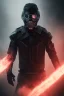 Placeholder: All Black Hayden Christensen soldier, ghost, wearing high tech mask, white smoke, dark, rage, sorrow, high definition, ultra 8 k, volumetric lighting, blue fire, fog