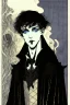 Placeholder: 17 year old boy, necromancer, friendly, looks dead, surrounded by weird smoke with eyes, wearing black robes, in the style of Harry Clarke