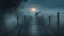 Placeholder: walking straight ahead over a wooden bridge, holding the angel of death with your right hand, entering the fog at the end of the road that leads to the afterlife, and a beautiful sunset and galaxy's behind the fog, realistic