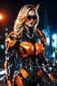 Placeholder: super pretty woman, good body, big bubs, blonde longer hair, bad mode, high performance robot costume, robotic suit, woman inside, sunglasses, hood, black and orange paint, led lights, good A.I. Interpretation, transformers inspiration, Autobots, car mixed, high definition photo, intrincate details, HD, darknight background.