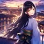 Placeholder: girl, masterpiece, best quality, volumetric lighting, detailed outfit, perfect eyes, long hair, black hair, golden eyes, rooftop, town, starry sky, obi, looking back, laughing,