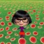 Placeholder: Edna Mode from the Incredibles lying in a field of flowers and watermelons, computer generated graphics