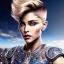 Placeholder: madonna, Cyborg warrior, light blonde short hair, pixie hairstyle, cobalt eyes, waist up portrait, 8k resolution, intricate details, ornate details, soft lighting, vibrant colors, masterpiece, intricate eyeliner, dark eyeshadow, eyes, intricate tattoos, futuristic cityscape background