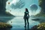 Placeholder: young woman in an android suit with dark hair, standing on the shore of an alien sea. Floating forests with dandelion tops in the distance