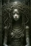 Placeholder: A beautiful girl with long curly hair , half the body , front view . decayed and rotting with grotesque proportions and imagery. grotesqueries, detailed texture, surreal horror, biomechanical design, by hr giger and beksinski