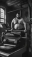 Placeholder: sardininan strong chubby 30 year old man in bulging tracksuit, short beard, shirtless, printer in an old printing house, next to a huge old printer, dim light, side light, ambient occlusion