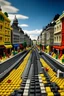 Placeholder: street road for a background view from someone on the road looking forward but make it look like its in lego world