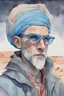 Placeholder: saturated Watercolor paint of strange good man, 30 year old, blu eyes, prescription glasses, blue hair, gray beard, dressed as a cyberpunk explorer of the desert in the style of Elik Bilal. Around the man there is a strange kind of objects