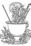 Placeholder: Outline art for coloring page, A CIGARETTE WITH WHISPS OF SMOKE OUTSIDE OF A JAPANESE CHAWAN TEACUP, coloring page, white background, Sketch style, only use outline, clean line art, white background, no shadows, no shading, no color, clear