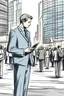 Placeholder: a stylized well-dressed researcher taking notes while standing and observing people in a urban environment, with a focus on blocnotes