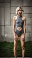 Placeholder: beautiful asian anorexic woman, total shot, short silver triathlon swimsuit, short blond wavy bob hair, blurred concrete background