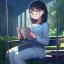 Placeholder: anime girl sitting on a porch swing of an old house, journaling, wearing pajamas, writing in a book, shes watching it rain, more detail on hands and her face,shes deep in her thoughts, wearing glasses, rain drops, she has a pencil in her hand and is writning in the book, she is looking down at what she is writing