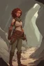 Placeholder: A DnD character. A female Tiefling ranger with pointy ears standing in a cave. SHe has curly hair and a little pterosaurs on her shoulder.