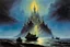 Placeholder: space castle floating above a stormy silver sea, by Bruce Pennington