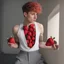 Placeholder: I want a man merged with a strawberry with pixie-cut hair, - a man who looks like a strawberry - a man whose skin is strawberry skin