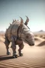 Placeholder: photo of an extremely cute large alien animal similar to a rhino with a bone plated carapace articulated at the back of the animal, walking across the dunes of a desert, dream-like atmosphere, nature, no text, blur