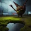 Placeholder: hyperrealistic shot, rusting and moss covered giant mascot, earth color palette, sharp focus, puddle reflection, water splash, refraction, bats flying, rain and lightning on the horizon, shadowcast, detailed and intricate, cinematic composition, tilt shift photography