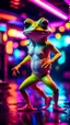 Placeholder: sexy stunt funky punk hippy hairy white skinned frog pimp tap dancer fashion gremlin in the middle of crazy dance moves dancing on buss parked in dark neon lit reflective wet arcade hall tunnel,bokeh like f/0.8, tilt-shift lens 8k, high detail, smooth render, down-light, unreal engine, prize winning