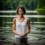 Placeholder: photography of a beautiful and happy anorexic woman, standing in lake water, eyes closed, meditation, white top, yoga flyer, brunette short wavy bob haircut, serenity, misty, relaxing image