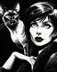 Placeholder: PROMPT: Monochrome ink illustration of a mature woman with long silver hair, eyes gazing upward, lips parted in thought, a Oriental shorthair Siamese cat draped on shoulder, staring sideways with sly expression. Deep shadows emphasize contours and texture. Bold hand-drawn lines, scratched ink details, black background creates isolation. Gothic comic aesthetic, vintage pulp tone, emotional stillness, surreal tension, expressive portrait in graphic noir style