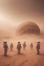 Placeholder: cinematic, a group of astronaut with helmets, establishing wide shot, sand - storm, mars desert, peach light, movie still style raw