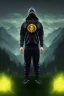 Placeholder: running berserker portrait , no face, black jogging suite , in the night Alps , holding bitcoin , angels background, volumetric gold light, high detail, dark leaf tree, dark mountains in background, perfect