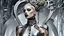 Placeholder: Futuristic steampunk fashion editorial, subtle rococo influences, a slender androgynous model with a pale face, silver abstract nonfigurative tattoos flowing across the face and neck, dark silver and off-white color palette. Wearing an extraordinary long sculptural dress layered over glossy metallic leggings, intricate futuristic steampunk details, elegant mechanical ornaments. Elaborate headpiece combining a decorative hair ornament, rococo hat and futuristic half helmet