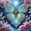 Placeholder: Beautiful filigree lacey butterfly, winter wonderland background, triple frosted heart with bi colored roses, glitter, glowing, transparent, sparklecore, Thomas Kinkade, realistic painting, 8K