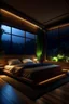 Placeholder: Generate big bedroom at night, with big windows, made out of wood, night tables, a big bed and vegetation.