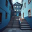 Placeholder: Fotografia di strada assurda e falsa orripilante blu weirdcore dai colori vivaci, liminalcore. Escher. Incubo. Confusione geometrica. Scale che scendono. Yves Tanguy. Non luogo falso, inusuale. Le case sono false e dipinte di nero chiaro con cose stilizzate e dettagli. Ci sono finestrelle false quadrate, che danno un senso distopico e molto surreale, disposte in modo casuale. L'atmosfera generale sembra noiosa e onirica, con un contrasto tra elementi reali ed elementi dipinti falsi, René Magritt