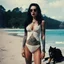 Placeholder: The Dark Lord's Granddaughter: Carefree Vacation with her canines like bloody fangs, covered by tattoos and lace swimsuit [vintage style noisy scratches glitches, Shot the texture and then rewound the film and double exposed from a 1970 B series movie]