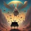 Placeholder: bugs bunny composer piano, diffrent planet, one swine pig piggy flying wasp angel, beksinski style daker theme