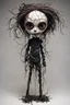 Placeholder: full color, illustration of a dark, menacing, monster girl, as a decayed, broken, crude homemade cloth doll toy, with a narrow cracked porcelain face, thick dark eyebrows, hair made from ragged strips of cloth, in the style of Alex Pardee, Tim Burton, and Nadya Sheremet