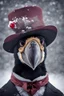 Placeholder: valentines crow portrait in victorian clothes, hat, snow