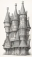 Placeholder: technical drawing pencil sketch front elevation of a row of skeletal multtechnical line drawing of the front elevation of a tall, narrow, warped, fantasy Tudor building, with twisted chimneys, rooms and floors added to sides and roofs, like the warren.i-story fantasy tudor buildings