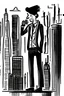 Placeholder: hand-drawn smoking man on a rooftop overlooking a city with streets, building and skyscrapers in the style of stick-figure