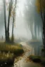 Placeholder: soft fog, with light breaking through, tall white birch trees, and a stone path flanking both sides of the pond going up to a gazebo, mystic fantasy genre