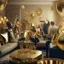 Placeholder: A picture of partying people in a living room with gold party decoration