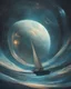 Placeholder: There is a sailboat surfing the rings of Saturn. The color of the sails is blue. A spaceship visible from far away and stars in the background. The scene is magical with dappled light. Colors are blue and turquoise