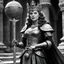 Placeholder: [bloody high res photo by Ray Harryhausen] she is a medieval queen holding her splendid sword and a globe: the sign of her power. High level of detail, he flesh is soft
