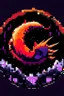 Placeholder: combining darkness and celestial elements. Feature a stylized eclipse at the center, with the moon partially covering the sun, casting claw-like shadows. Use deep purple fading into fiery orange-red. Surround the eclipse with jagged metallic shapes, make it 8bit and retro.