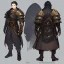 Placeholder: Character sheet, male, black hair, poor, old leather armor