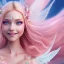 Placeholder: cheerful fairy, big smile, pink, blonde hair, beautiful, whole face, whole top hair head, wide open blue eyes, transparent wings onn the back, hyperrealism, masterpiece, expert, cinematic lighting, sharp focus, 8K, pastel, macro lens, woman, detailed, flower