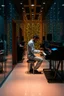 Placeholder: The whole body of Maniquí de glassy hallway with small colored lights Artist mader playing the piano with a sound studio gears and several hi tech gears and lighting in the background