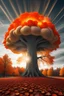 Placeholder: a tree in the fall that looks like a nuclear explosion's mushroom cloud, with energy lines radiating outward but behind, angelic fantastic lighting, leaves falling