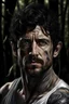 Placeholder: Photographic portrait Patrick Dempsey as fantasy alpha werewolf in human form very muscular short cropped black hair and stubble on chin, tribal tattoos wearing white button up shirt with rolled up sleeves realistic face, close-up, dark fantasy, fantasy forest, intricate details, hyper detailed, deviant art style