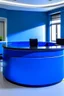 Placeholder: A circular blue reception desk with three chairs